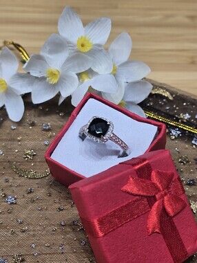 Elegant Black Cushion Halo Ring in Silver